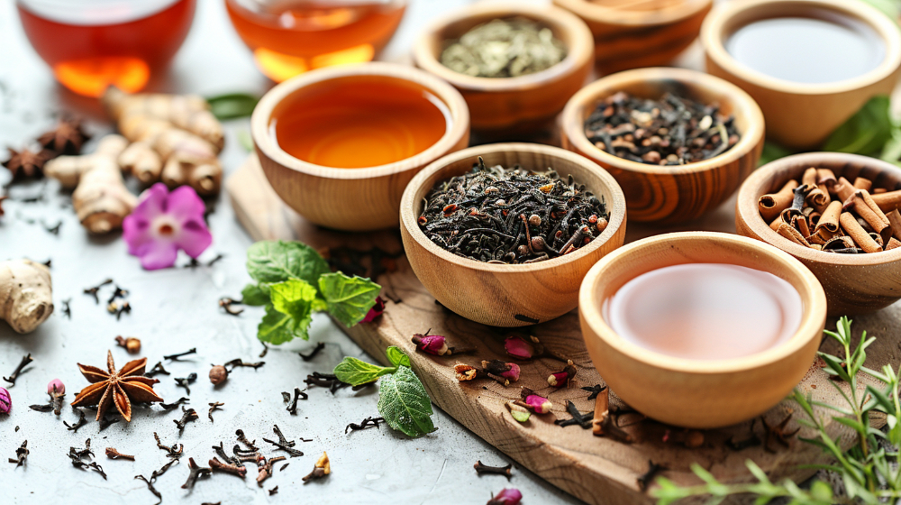 Assorted teas and spices in wooden bowls with fresh herbs and flowers on a wooden board.