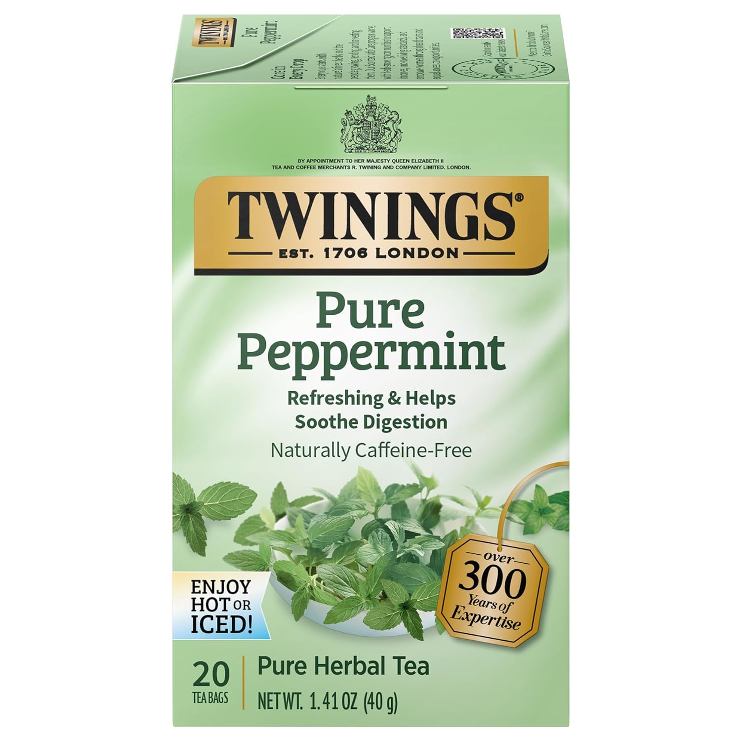 Twinings Pure Peppermint tea box, 20 bags, naturally caffeine-free, soothing digestion.