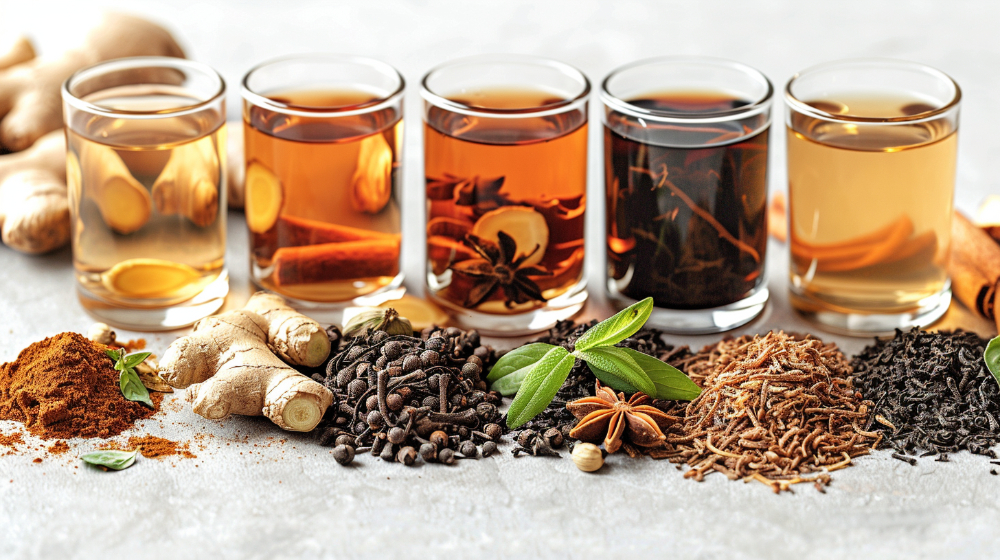 Five glasses of herbal tea with spices and herbs, including ginger, cinnamon, and star anise.