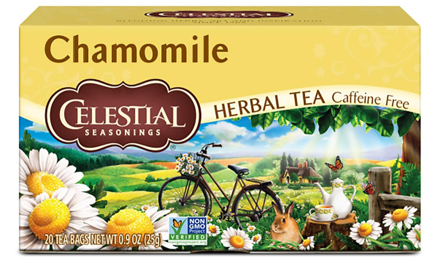 Celestial Seasonings Chamomile Herbal Tea box with bicycle, flowers, and rabbit.