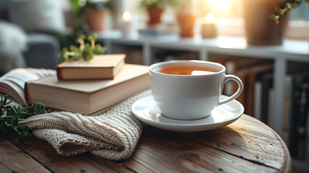 Cozy scene with a cup of tea, books, and a knitted blanket on a wooden table.