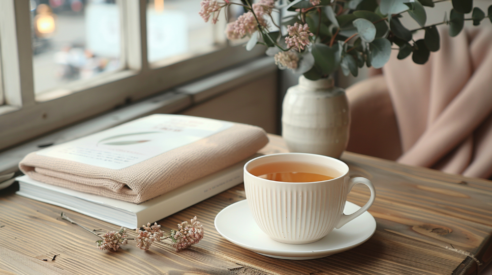 Cup of tea on a wooden table with a book, flowers, and a vase by a window.