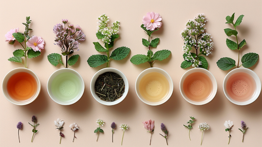 Five cups of tea with different colors, surrounded by herbs and flowers on a light background.