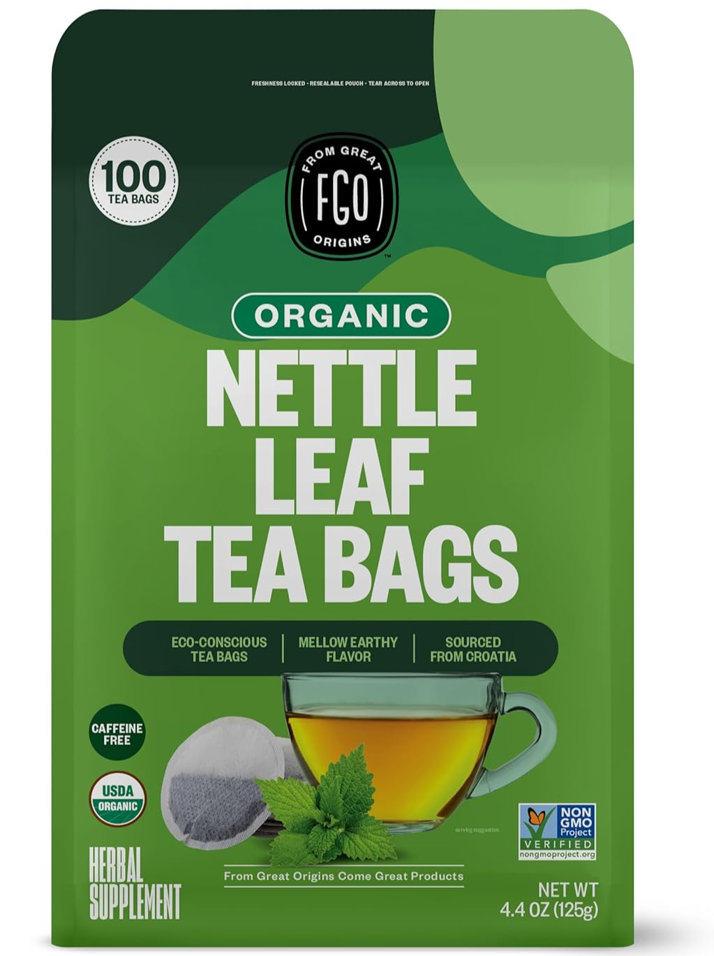 Organic nettle leaf tea bags package, 100 count, caffeine-free, eco-conscious, mellow earthy flavor.