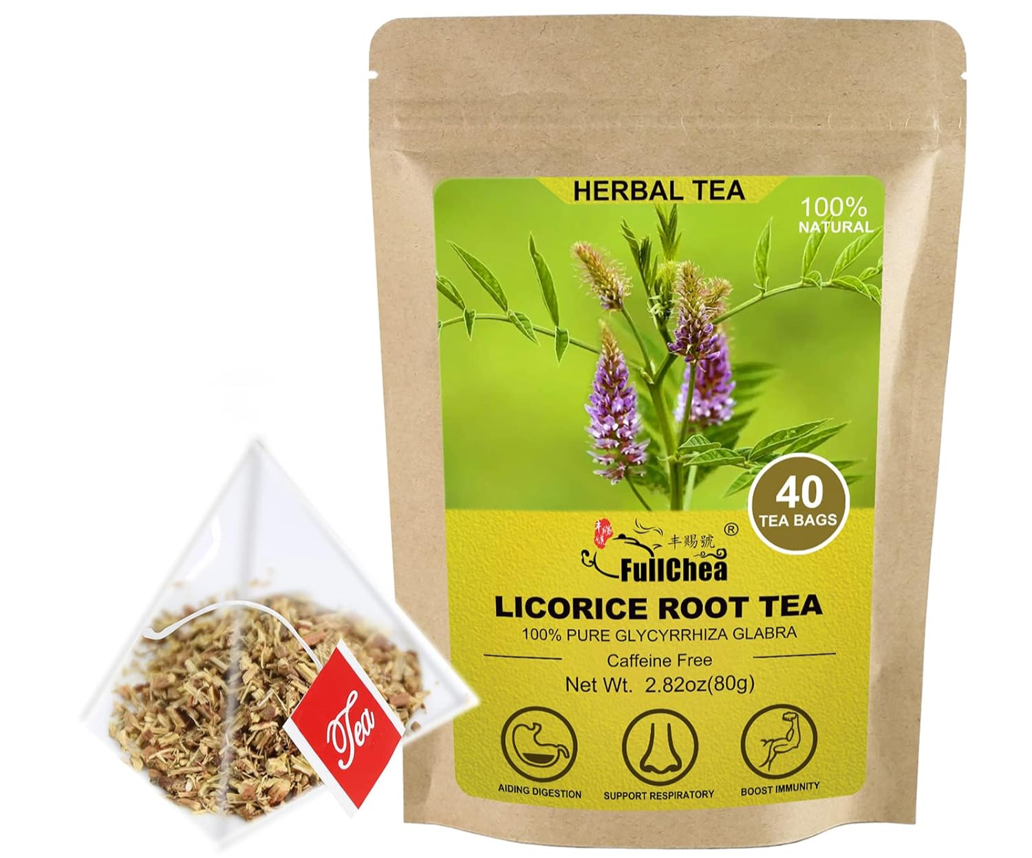 Licorice root tea package with 40 tea bags, caffeine-free, supports digestion and immunity.