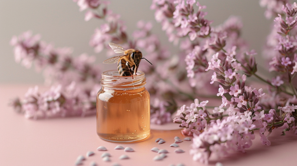 Bee on honey jar surrounded by pink lilac flowers.
