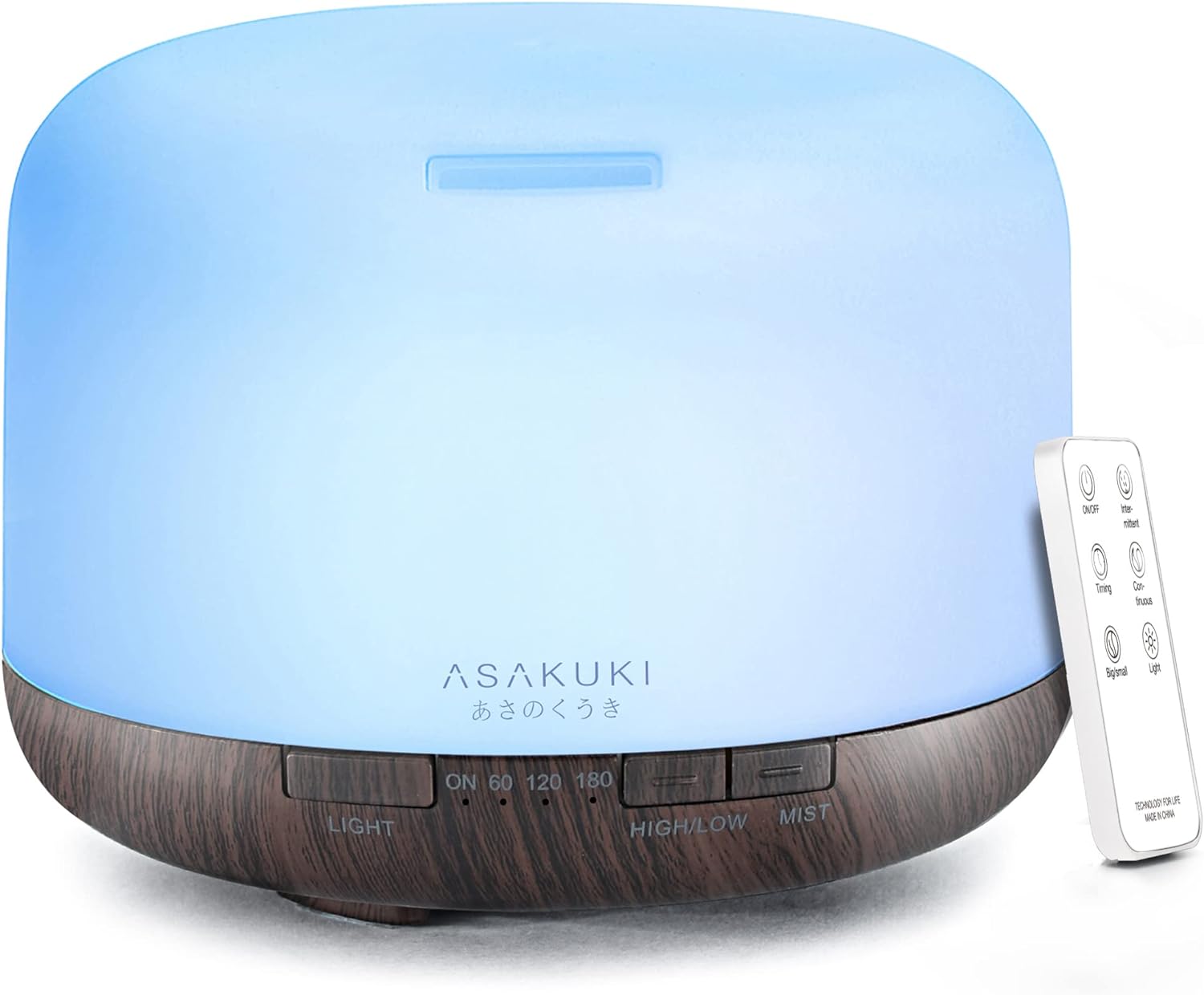 Blue Asakuki essential oil diffuser with remote control, featuring timer and mist settings.