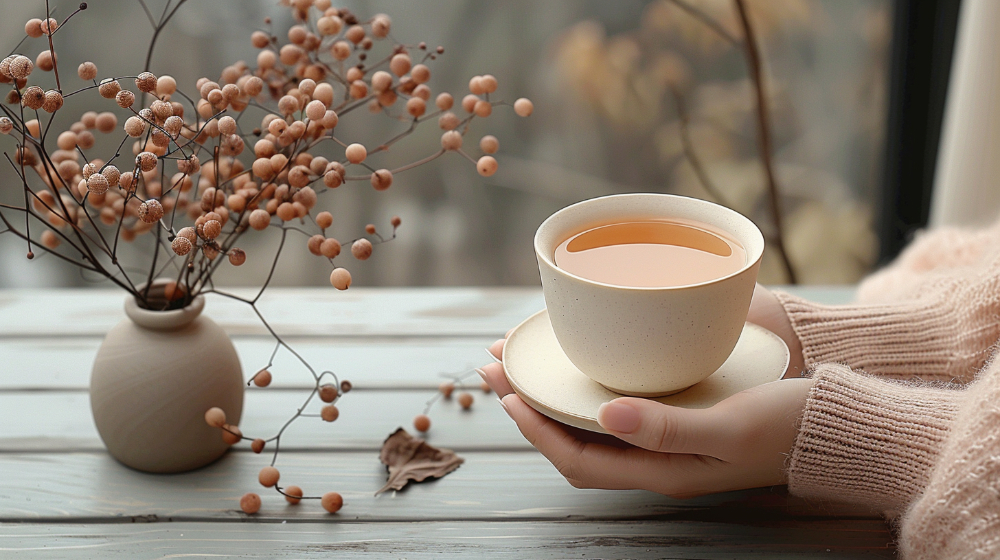 Hands holding a cup of tea on a saucer, with a vase of dried flowers on a wooden table.