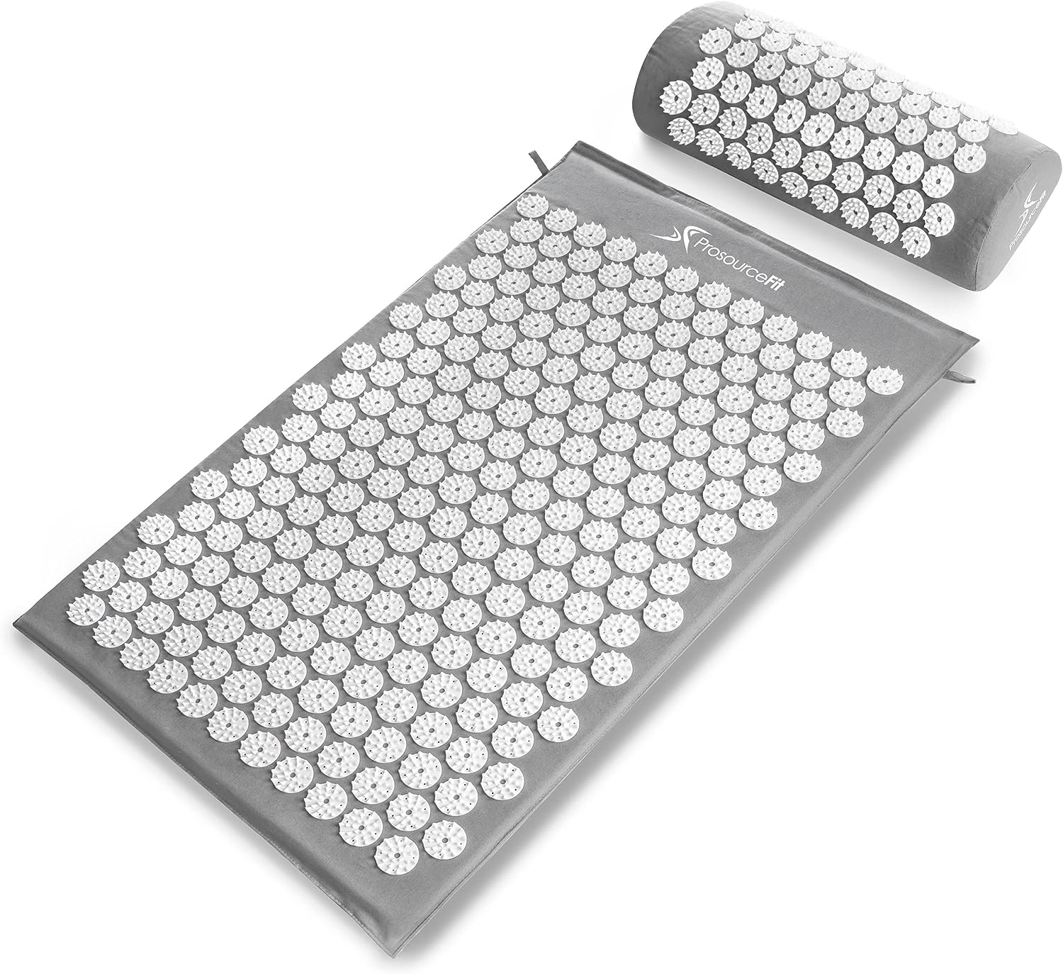 Gray acupressure mat and pillow set with white spikes.