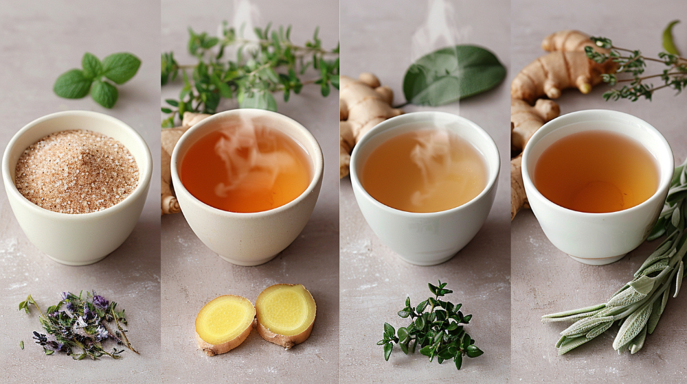 Four steaming cups of tea with herbs, ginger, and sugar on a light surface.