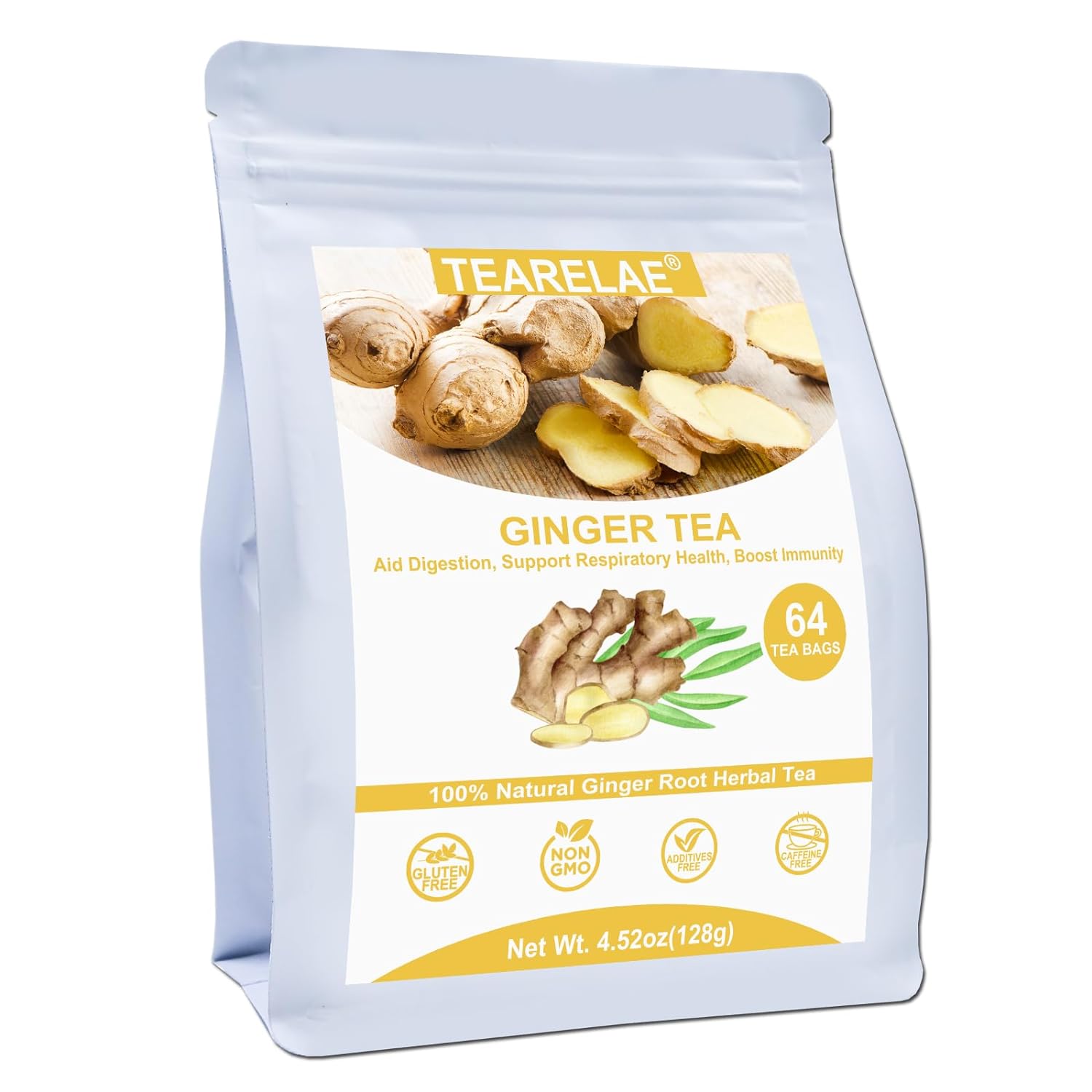 Tearelae Ginger Tea package with ginger slices, 64 tea bags, 4.52oz, non-GMO.