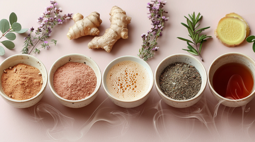 Four bowls with powdered ingredients, tea, ginger, and herbs on a pink surface.