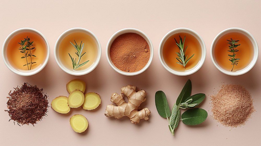 Five cups of herbal tea with rosemary, surrounded by ginger, sage, and spices on a light background.