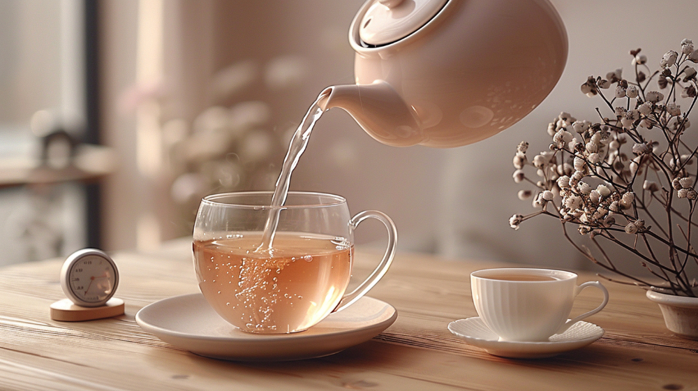 Pouring tea into a glass cup on a wooden table with a small clock and dried flowers nearby.
