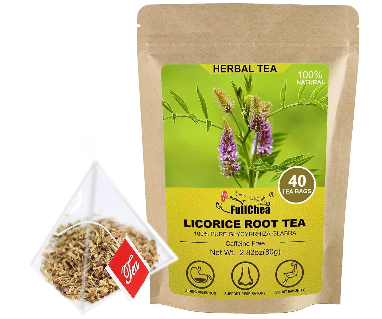 Licorice root tea package with tea bag, labeled caffeine-free, 40 bags, 100% natural.