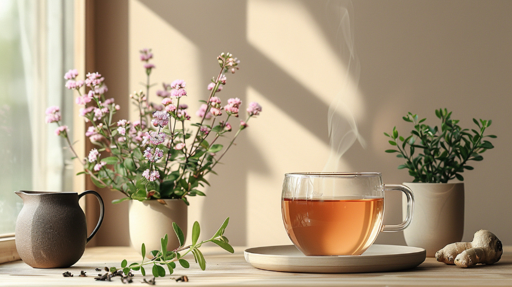 Steaming cup of tea on a table with potted plants and ginger root nearby.