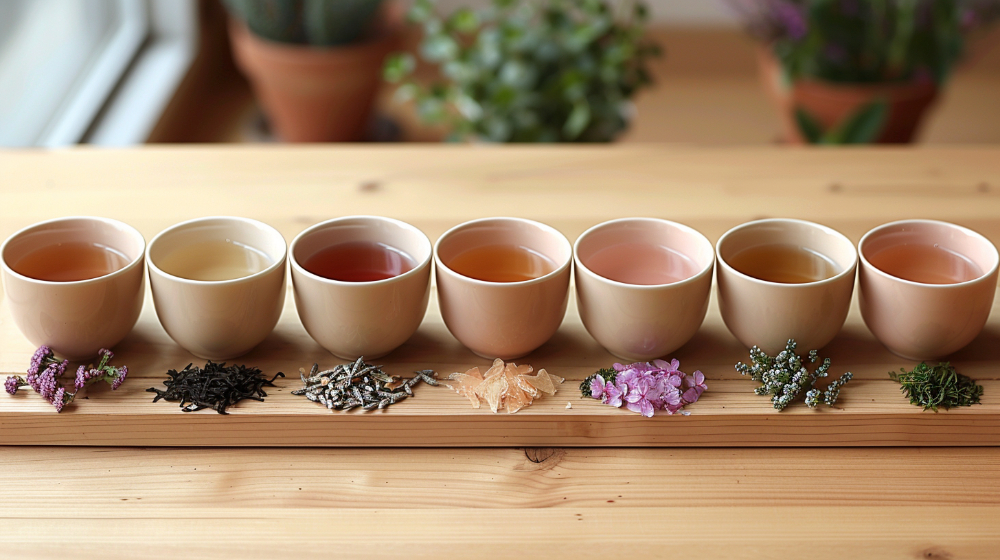 Seven cups of tea with various herbs and flowers on a wooden board.