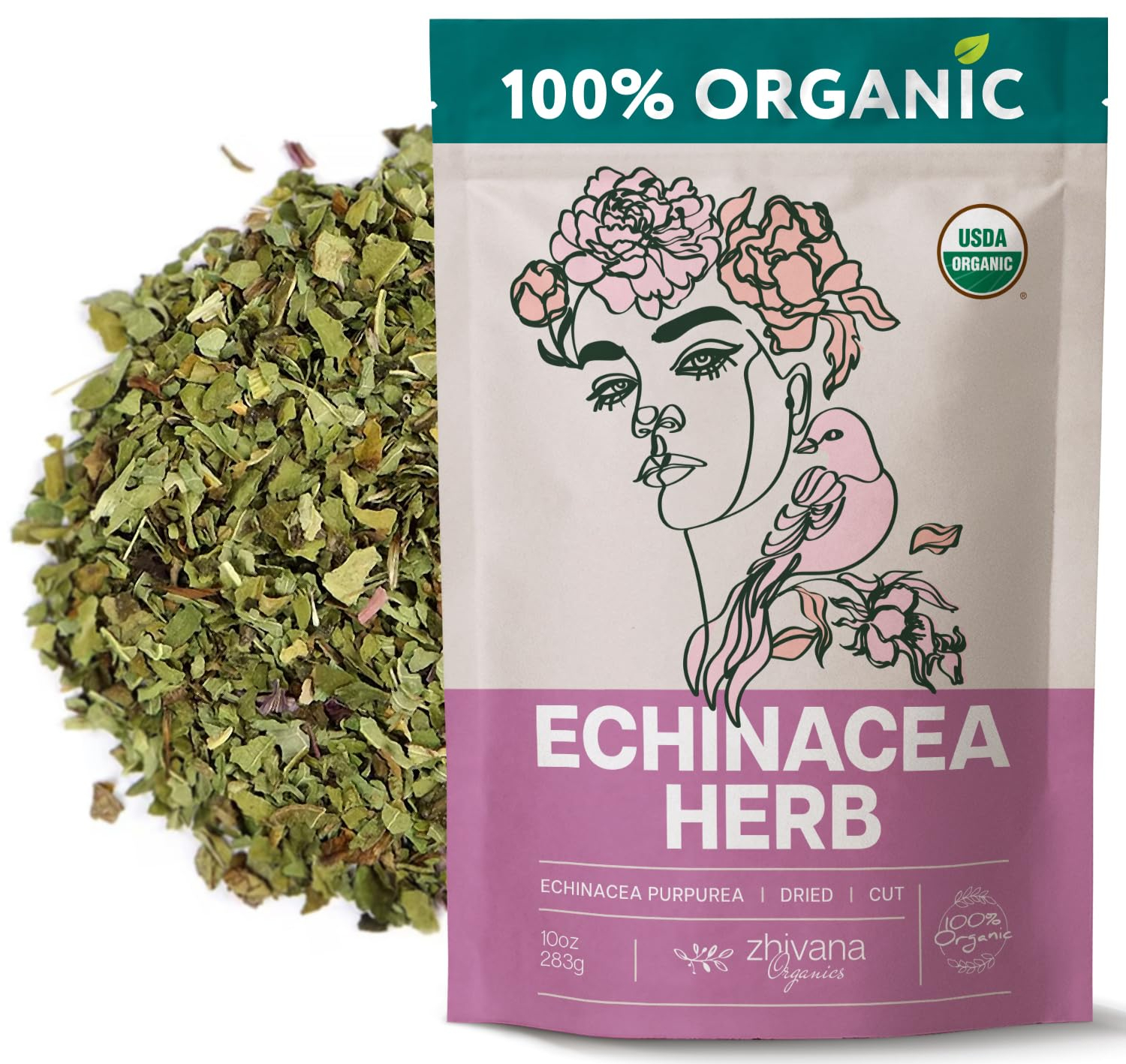Echinacea herb packaging with loose dried leaves, labeled 100% organic.