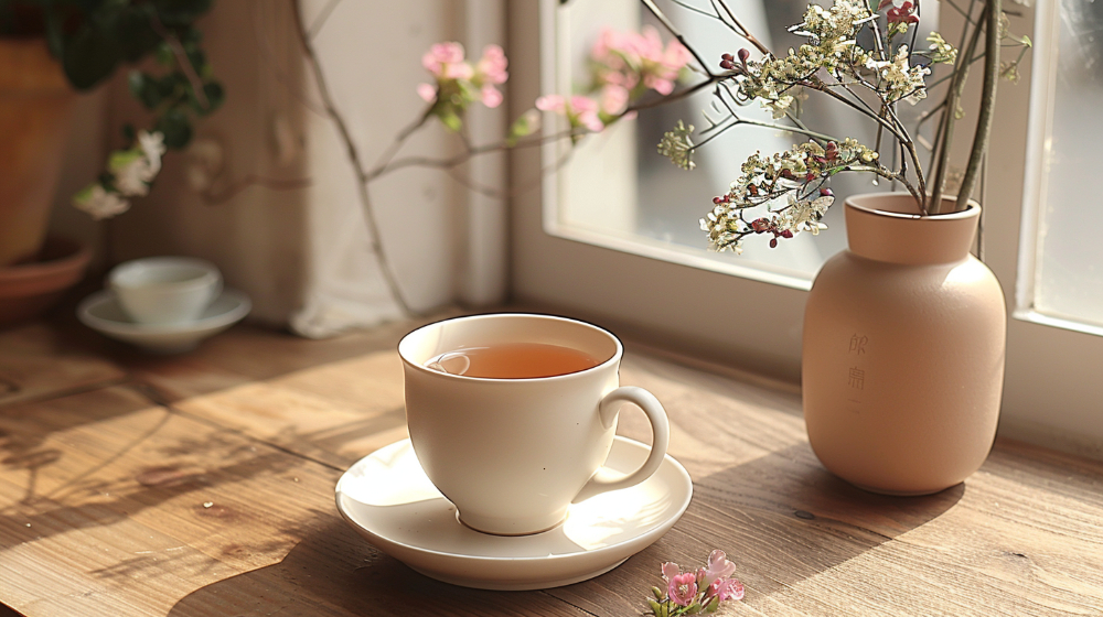 Warm cup of tea on a wooden table with flowers in a vase by a sunlit window.
