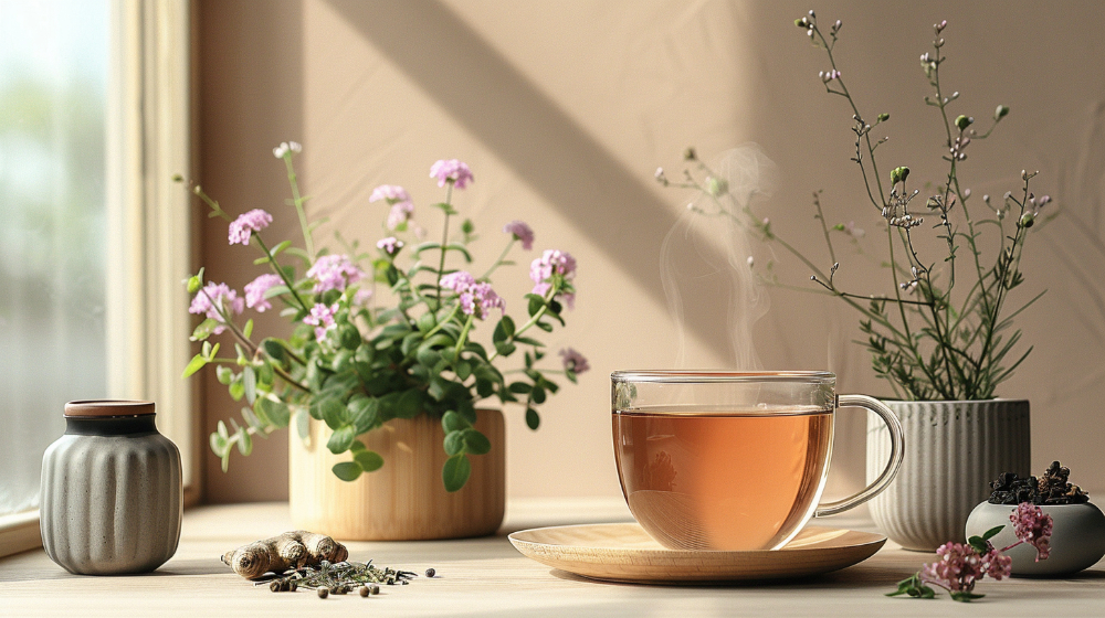 Steaming cup of tea on a wooden table with potted plants and jars.