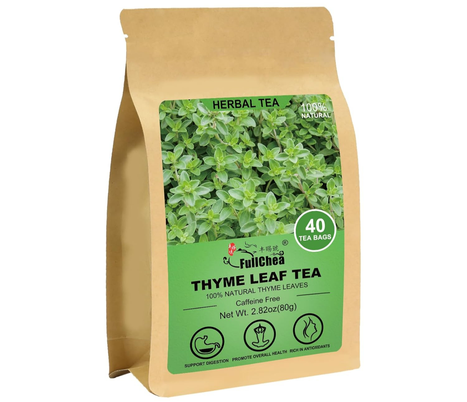Brown package of Fulichea Thyme Leaf Tea with green label, 40 tea bags, 100% natural.