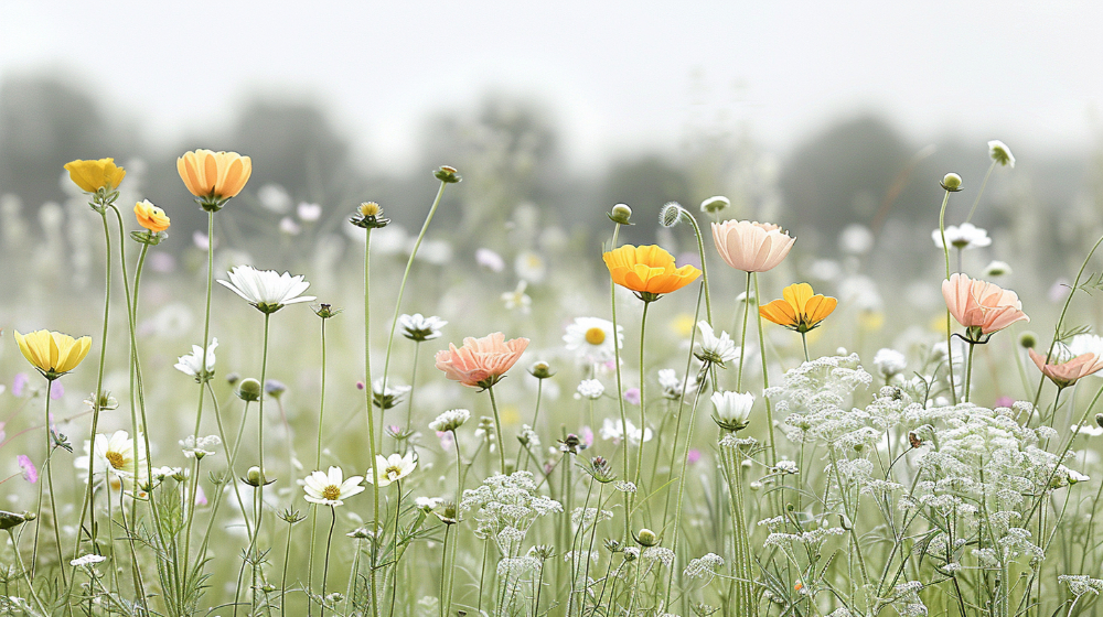 Wildflowers in a misty meadow with soft pastel colors.