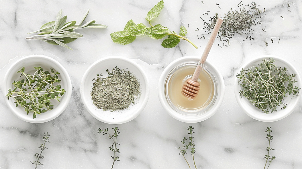 Herbs and honey in white bowls on marble, with sprigs of thyme and mint leaves.