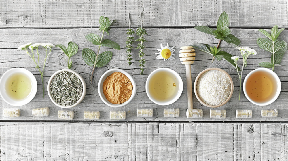 Herbs, teas, honey, and spices on a rustic wooden table.