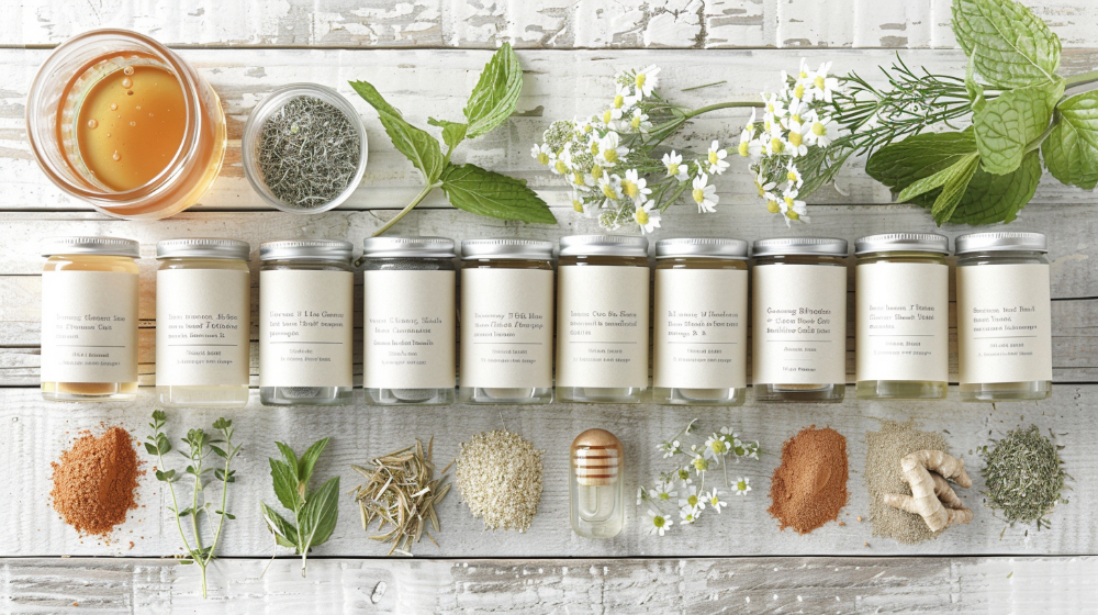 Assorted herbal tea jars with ingredients like honey, herbs, and spices on a wooden surface.