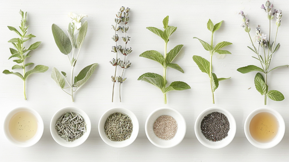 Herbs and seeds with tea cups on white background, including sage, lavender, mint, and chia seeds.