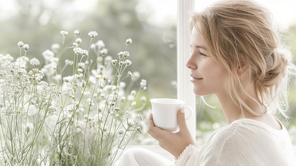Woman enjoying tea by a window, surrounded by white flowers, in a serene setting.