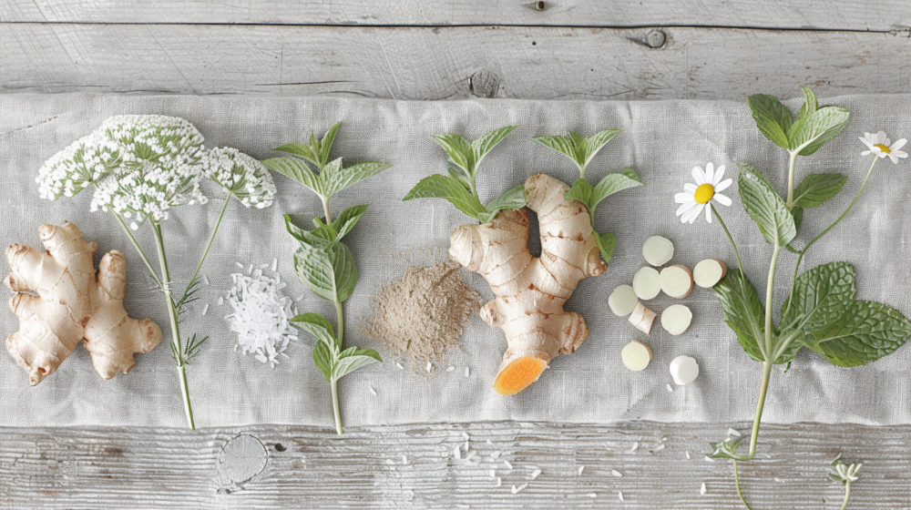 Ginger, mint, chamomile, and herbal supplements on a linen cloth.