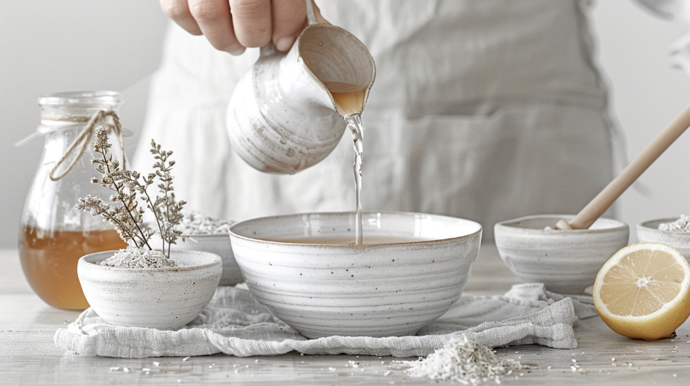 Pouring herbal tea into a ceramic bowl with lemon and dried herbs nearby.