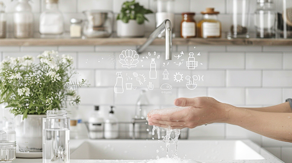 Hands washing under a faucet with icons of nature and wellness floating above.