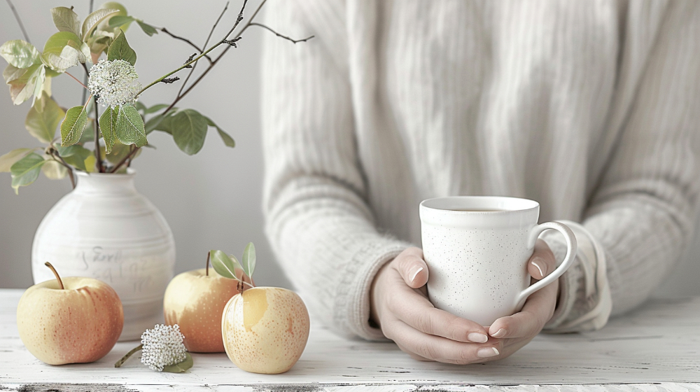 Hands holding a white mug, apples and a vase with flowers on a white table.