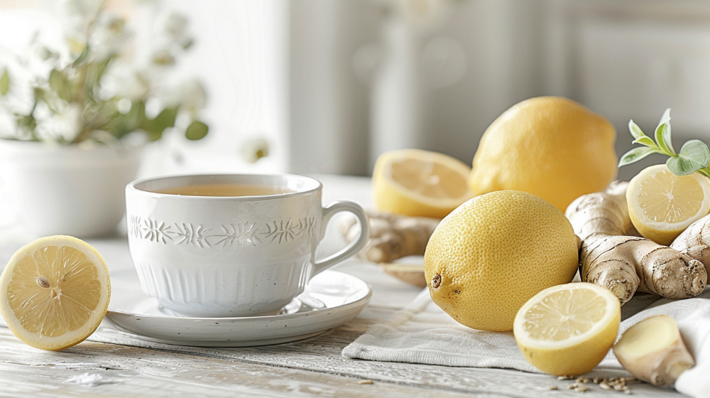 White teacup with herbal tea, surrounded by lemons and ginger on a wooden table.