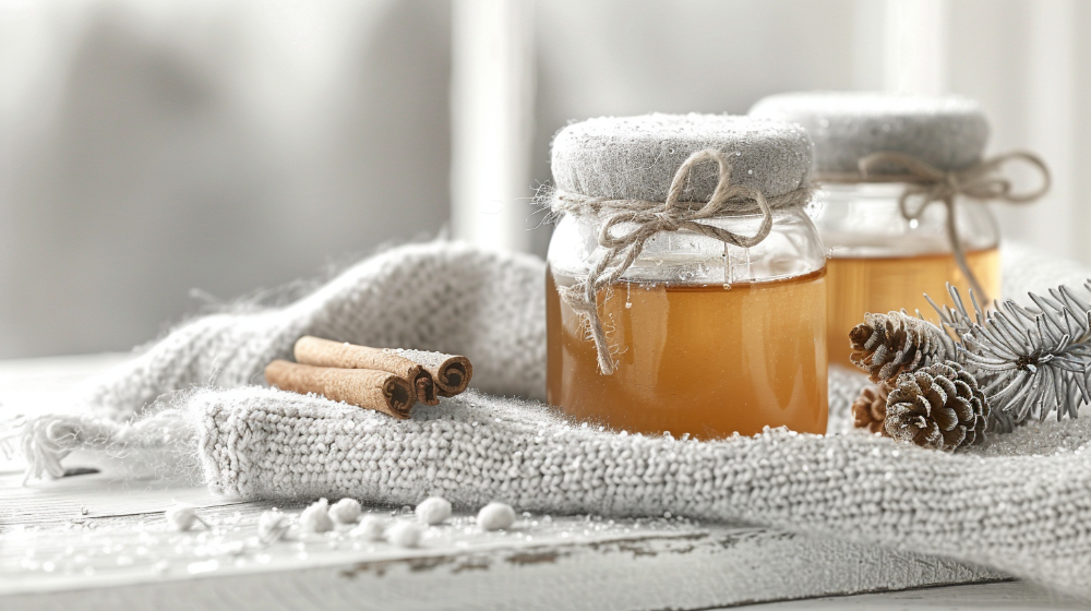 Two jars of honey with fabric lids, surrounded by cinnamon sticks and pinecones on a knitted cloth.
