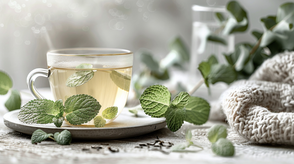 Herbal tea in a glass cup with fresh mint leaves on a wooden table.