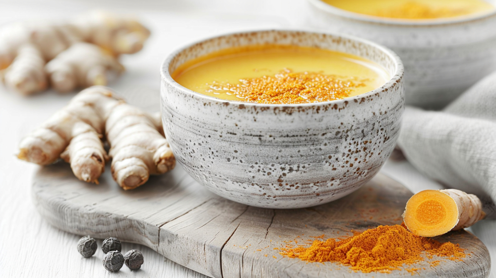 Turmeric latte in a ceramic bowl with fresh ginger and turmeric powder on a wooden board.