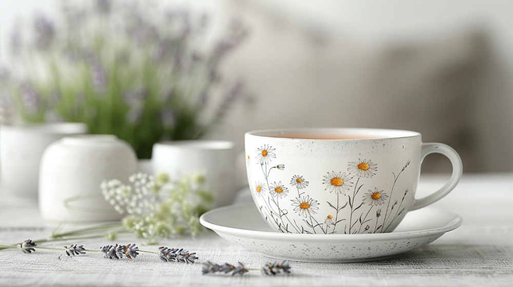 White teacup with floral design on saucer, surrounded by lavender and white decor.