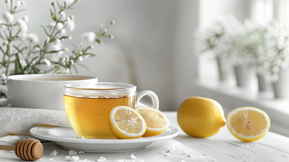 Cup of lemon tea with lemon slices, honey dipper, and white flowers on a bright table.