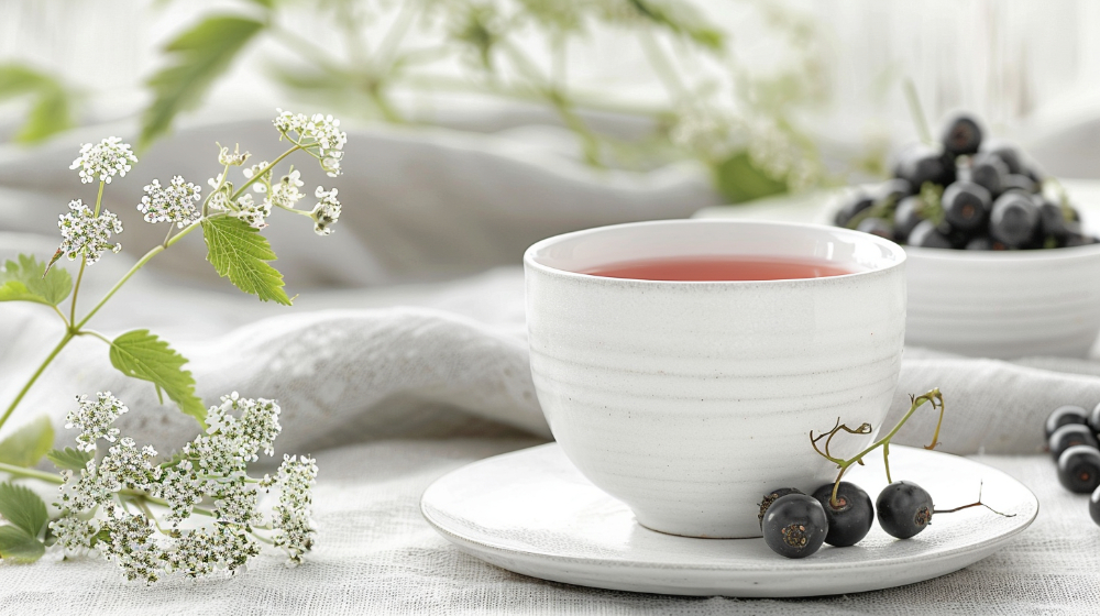 White cup of berry tea on a saucer with blackcurrants and white flowers nearby.