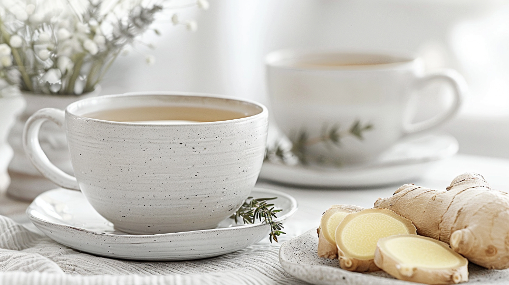 White ceramic teacup with herbal tea, ginger slices, and a blurred background of another cup.