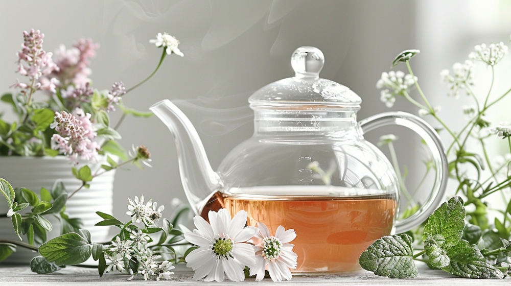 Glass teapot with herbal tea, surrounded by fresh flowers and herbs on a light background.