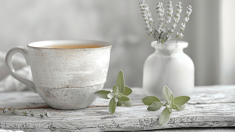 Ceramic cup of tea with sage leaves and lavender in a white vase on a rustic table.