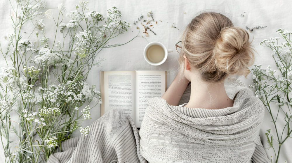 Woman reading a book, surrounded by white flowers, with a cup of tea nearby.