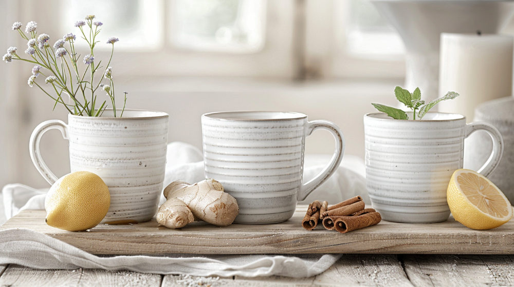 Three white mugs with flowers, ginger, mint, cinnamon, and lemons on a wooden tray.
