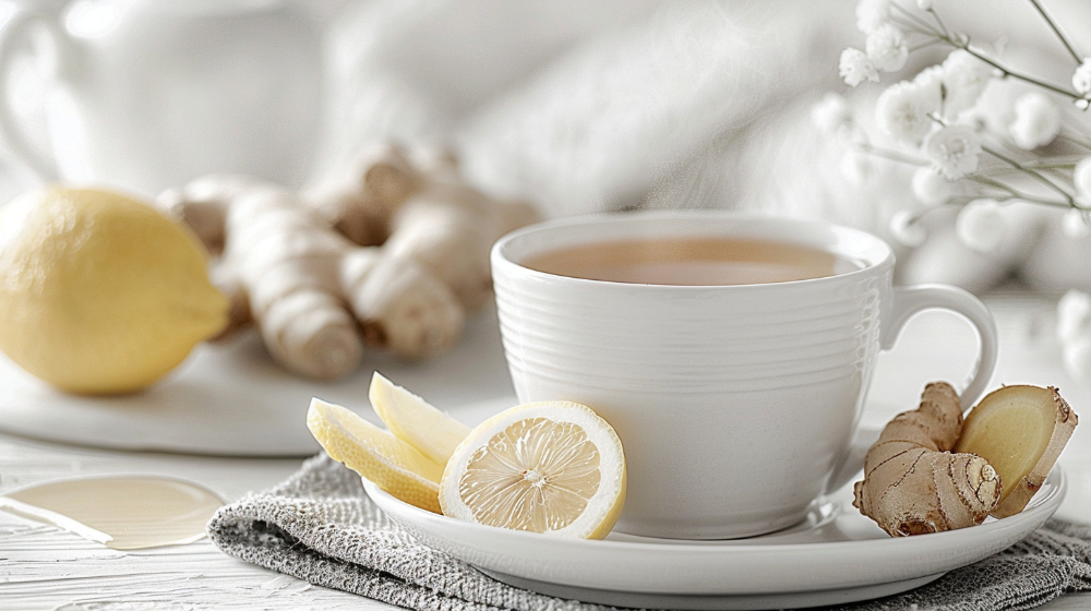 Steaming cup of tea with lemon slices and ginger on a white plate.