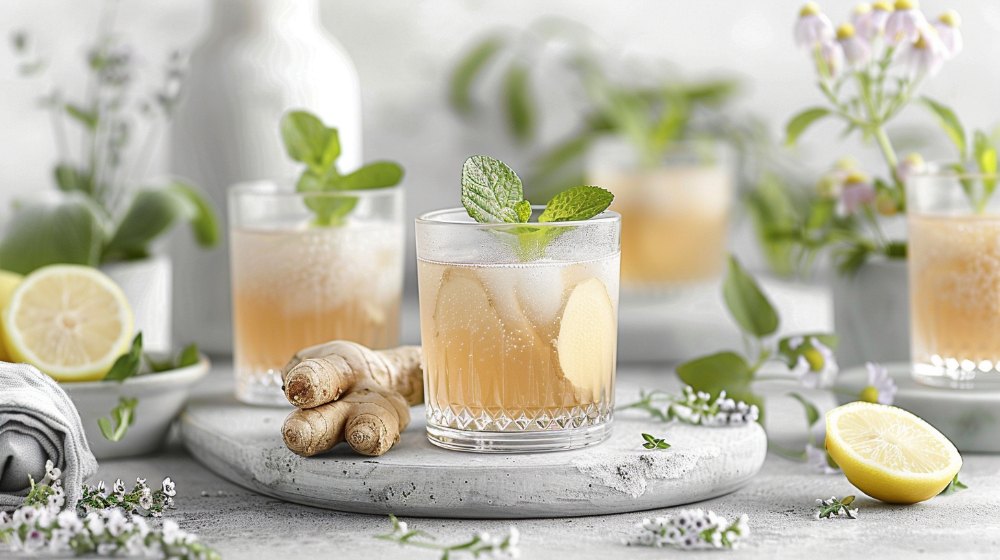 Ginger lemon tea in glasses with mint, surrounded by fresh ginger, lemon slices, and flowers.