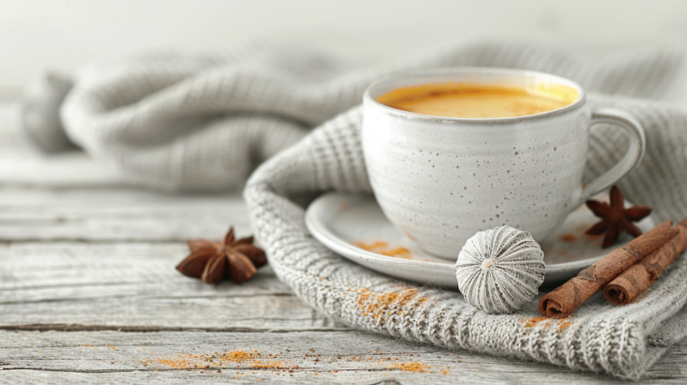 Cup of tea with cinnamon sticks and star anise on a wooden table with a cozy blanket.